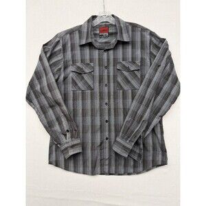Sahara Club Shirt Men's L  Button Down Long Sleeve Black Plaid Roll Up Sleeves